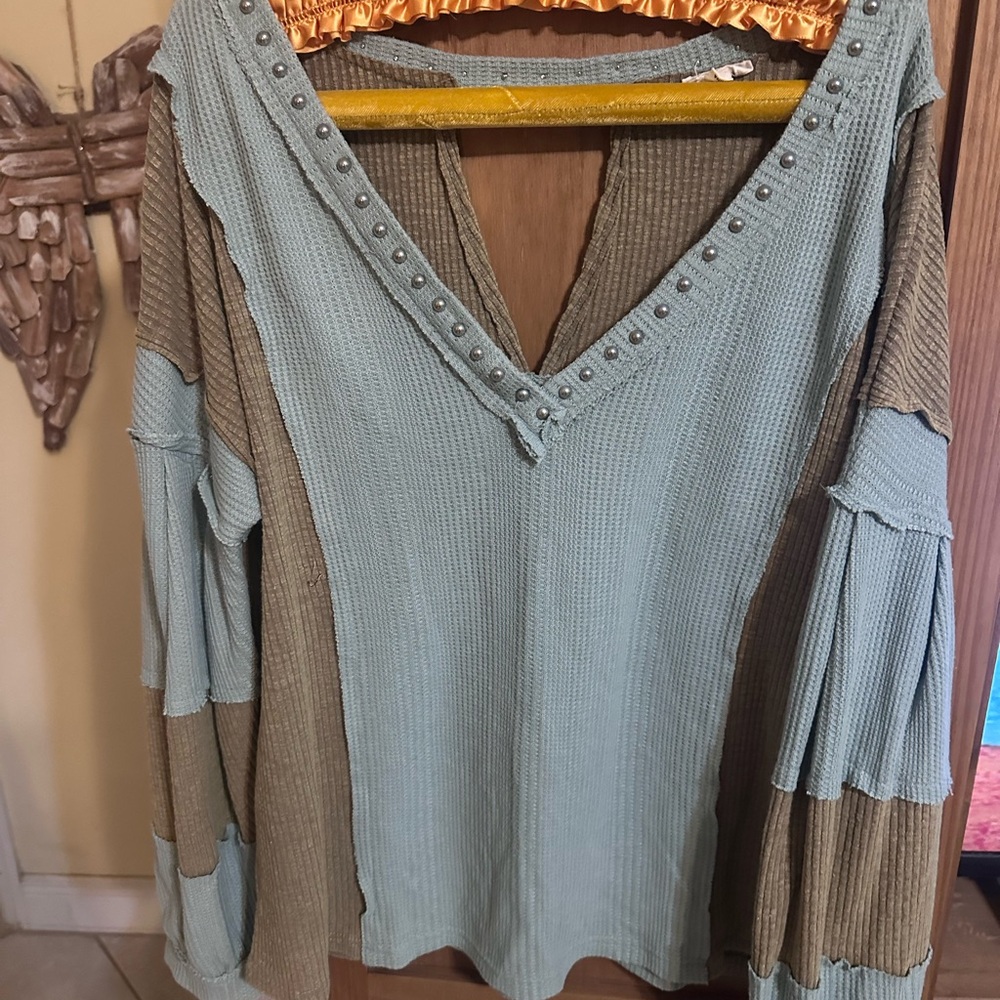 POL Light Green Knit Top with Silver Studs